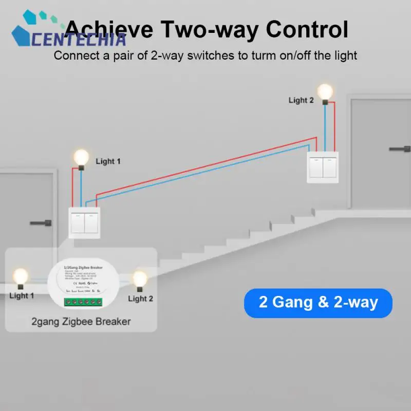 

No Neutral Wire 2-way Control Switch 1gang 2gang Smart Life No Neutral Wire Switches Mini Zigbee 3.0 Breaker Switch Timing 16a