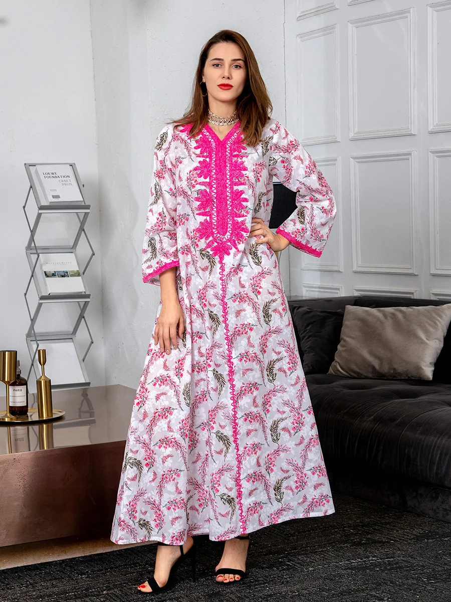 Блестящее Цветочное платье Eid Mubarak, Женская шикарная лента с вышивкой, Средний Восток, мусульманская абайя, свободная повседневная Мароккан...