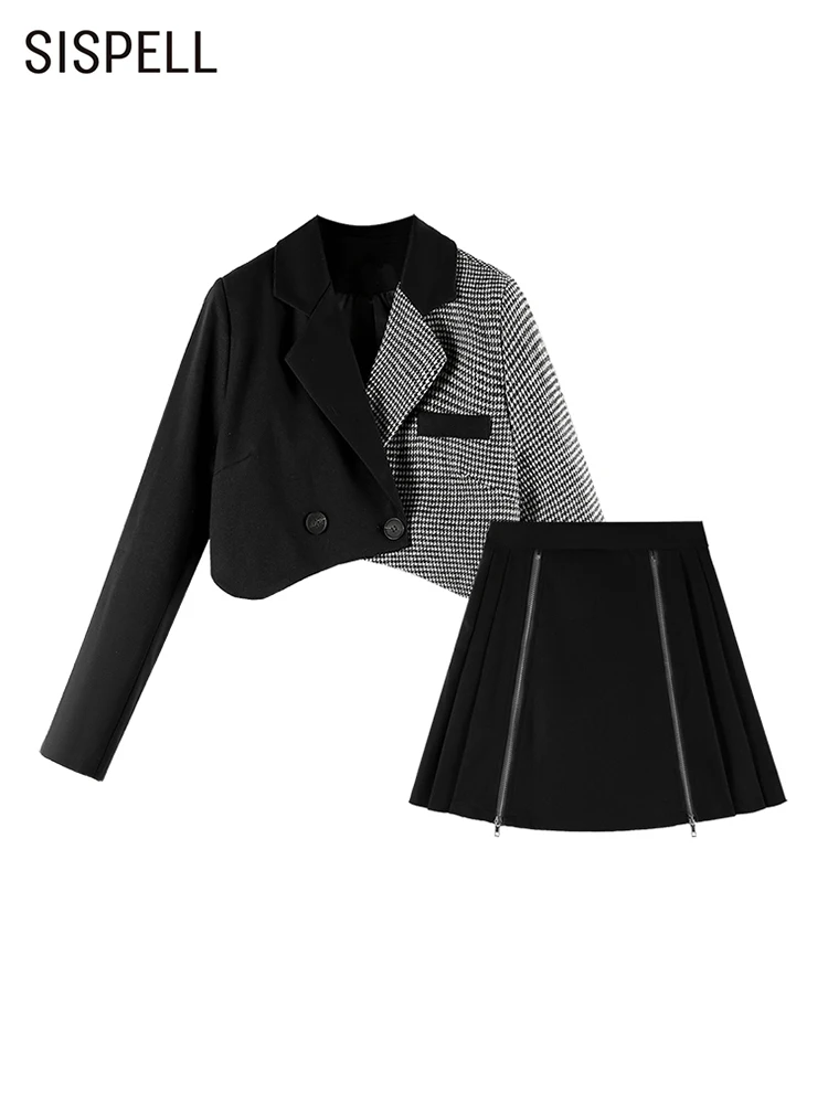 

SISPELL Hit Color Two Piece Sets For Women Lapel Long Sleeve Tops High Waist Patchwork Zipper Mini Skirts Slim Set Female 2022