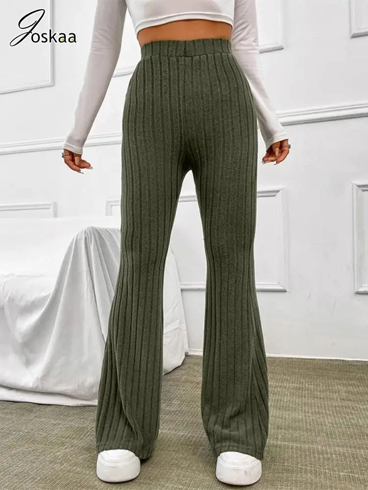 

Joskaa Ribbed Solid Long Trousers Women Casual Elastic High Waist Flared Pants Autumn 2023 Female Bottoms Sweatpants Streetwear