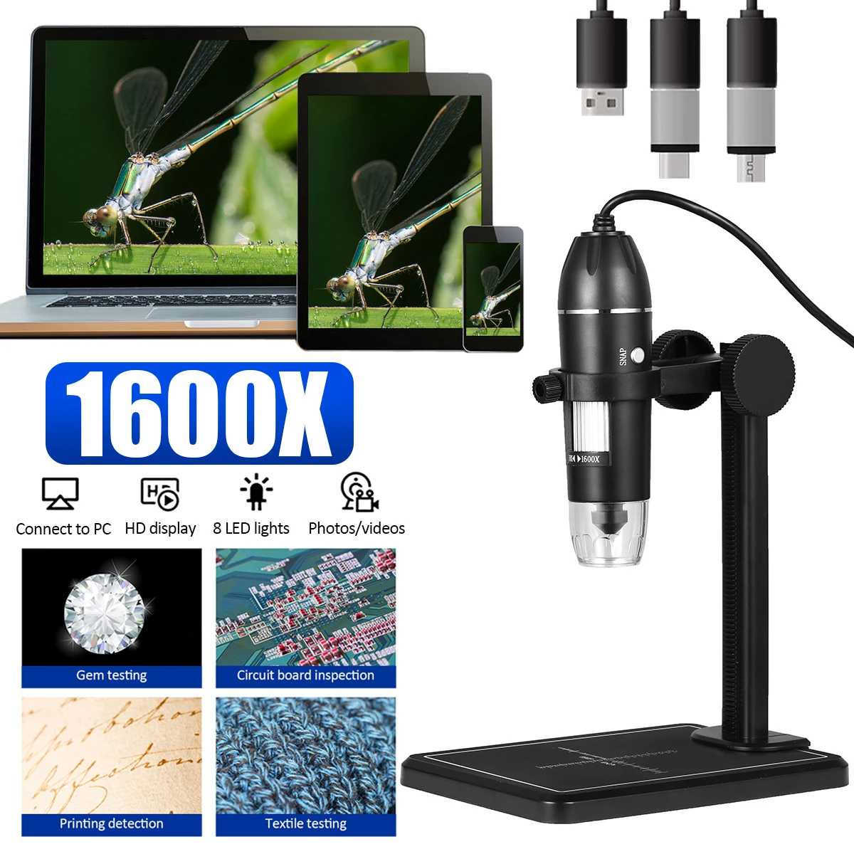 

1600X Digital Microscope Magnifier 8 LEDs 2MP Handheld USB HD X4 USB Zoom Camera Magnification For MAC Android PC White