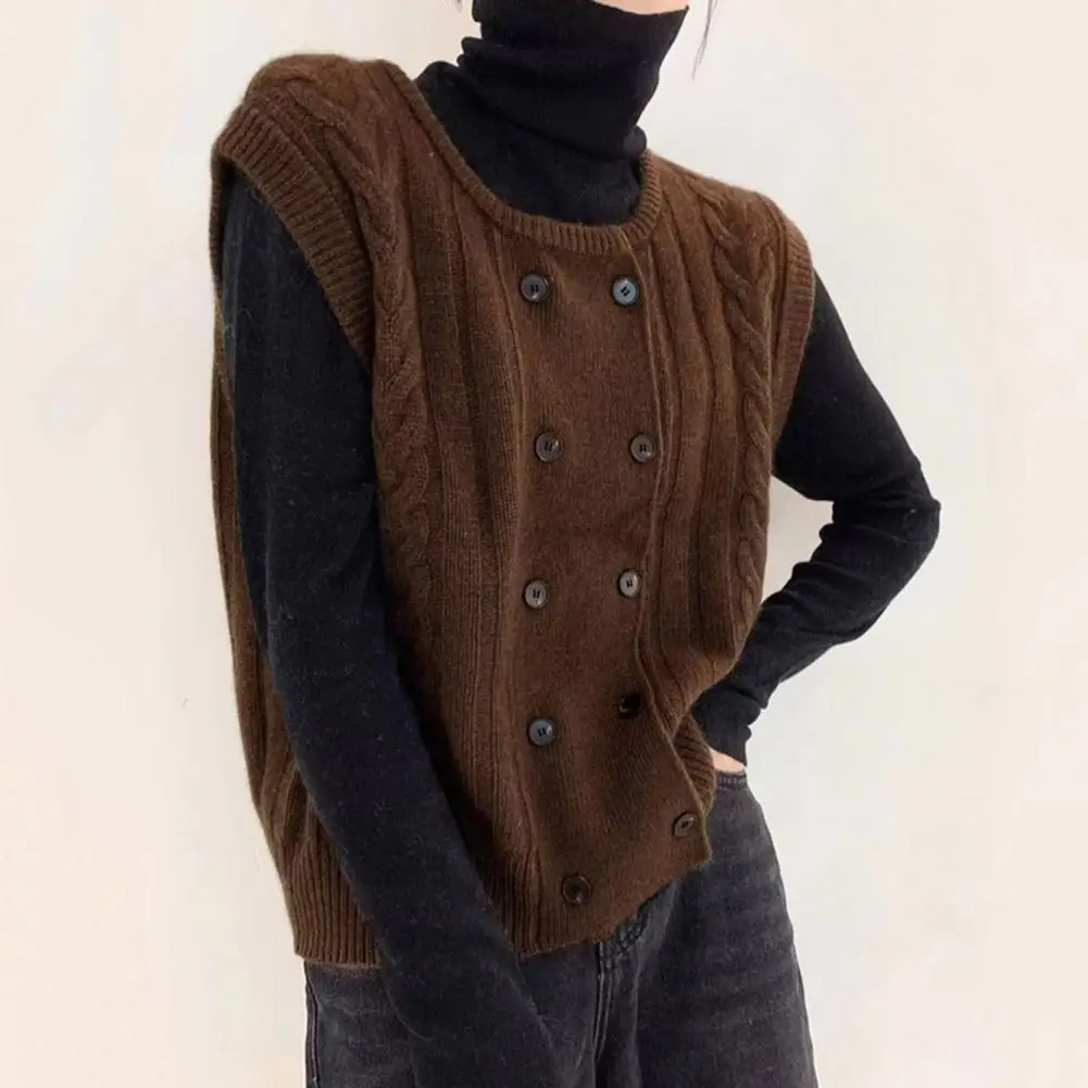 

Sleeveless Sweater Cozy Knitted Women's Double-breasted Vest Soft Warm Stylish Sleeveless Top with Twisted Flower Pattern Solid