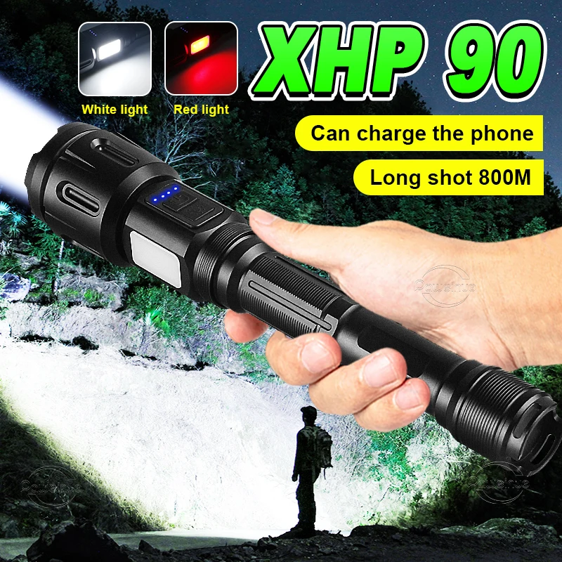 

5000000 Lumen XHP90+COB LED Powerful Waterproof Taschenlampe 7 Mode USB Zoom Flashlight 18650 Battery Best Camping Torch Lamp