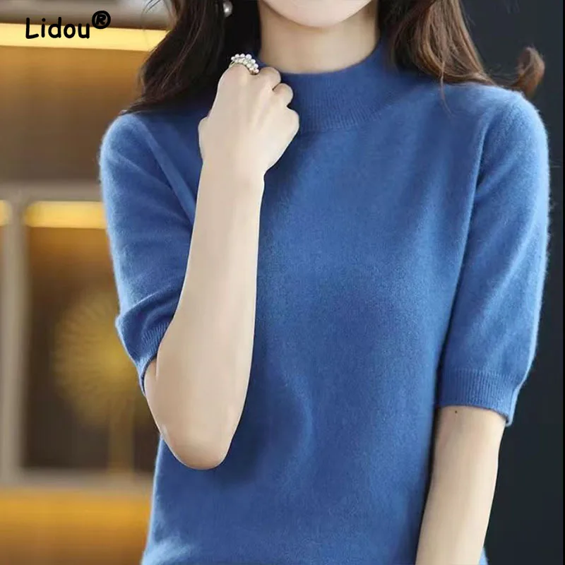 

Autumn Winter Knitted O-Neck Half Sleeve Pullovers for Women 2022 Simple Dignified Sweaters Bottoming Shirt Women's Clothing Top