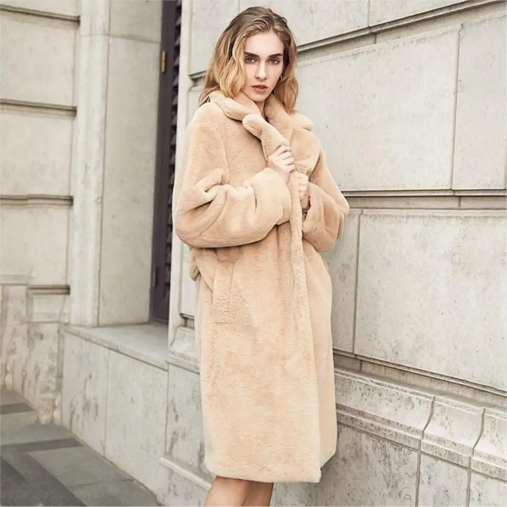 New Winter Fashion Warm Long Real Fur Women Coat Coat v-neck Long Sleeve Leisure Fur Windbreaker Pure Color Bondage Fur Coat
