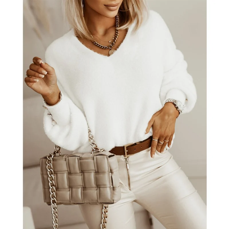 

Модная элегантная Осенняя свободная бархатная рубашка, уличная одежда, пушистый свитер с V-образным вырезом и пуговицами, с длинным рукавом, пушистый топ