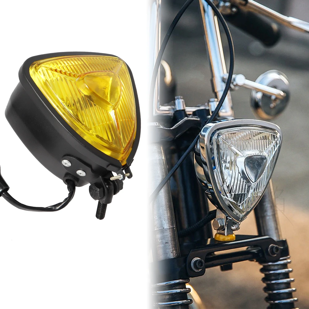 

Cafe Racer Retro Motorcycle Triangle Headlight Clear Yellow Lens H4 12V 55W/60W Headlamp Waterproof For Bobber Chopper Custom
