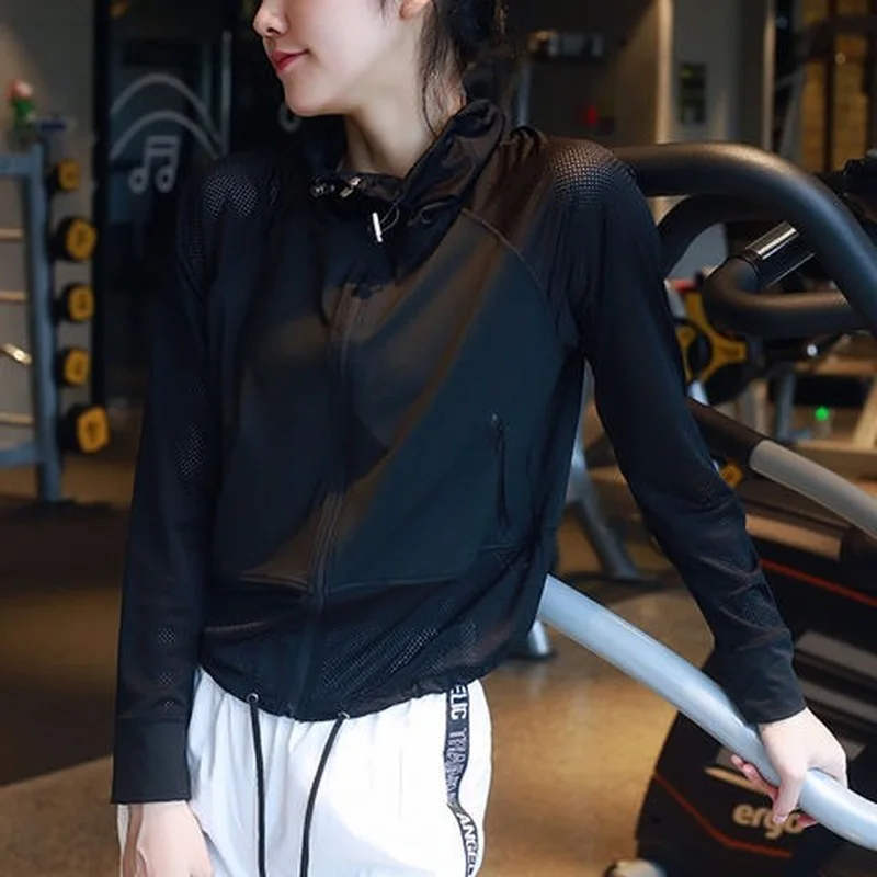 

Женская приталенная легкая куртка, женская черная куртка на молнии с дырками для больших пальцев, для тренировок E209