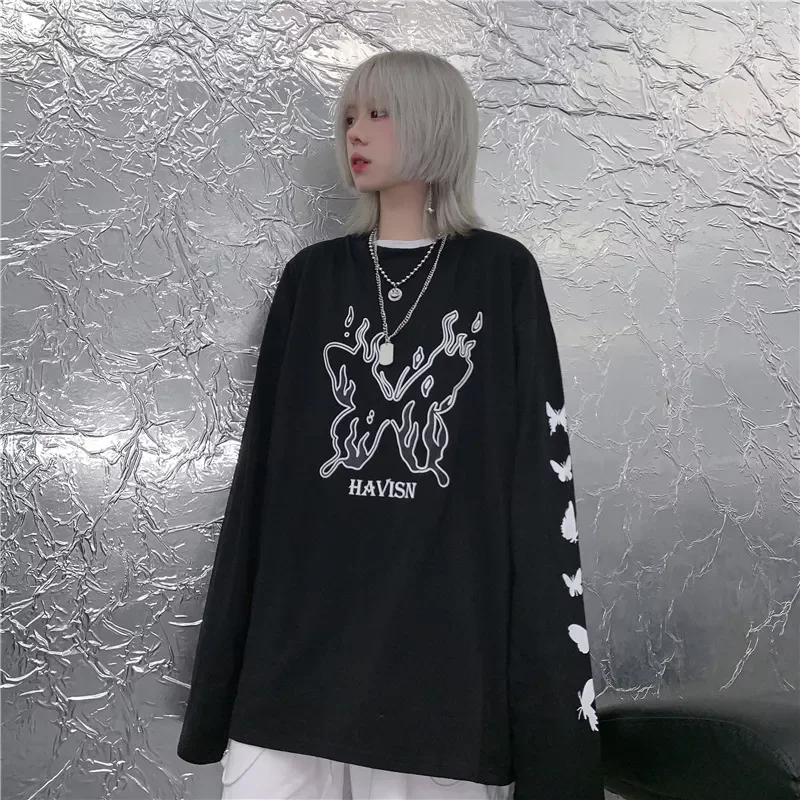 

spring and autumn Korean Harajuku style retro printing loose bf style bottoming shirt thin black top trend