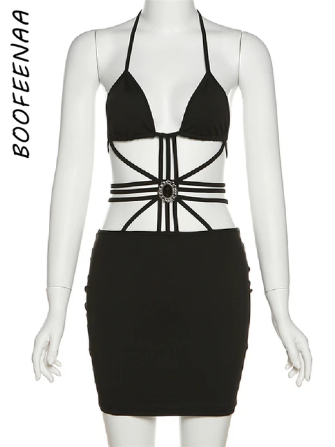 BOOFEENAA Cut Out Halter Backless Mini Bodycon Dresses Sexy Summer 2022 Rave Festival Outfits Nightclub Black Dress C16-BH21 6