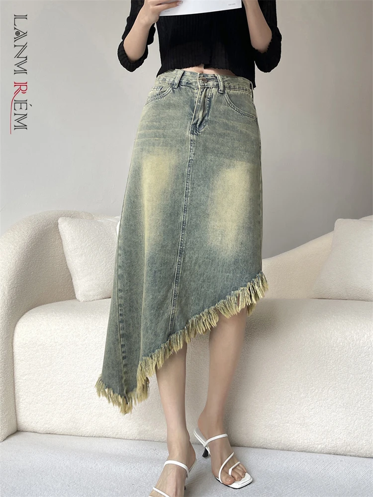 

LANMREM Irregular Denim Skirts For Women High Waist Tassel Hem Color Stitching Female Fashion Clothing 2023 Autumn New 2DA1643