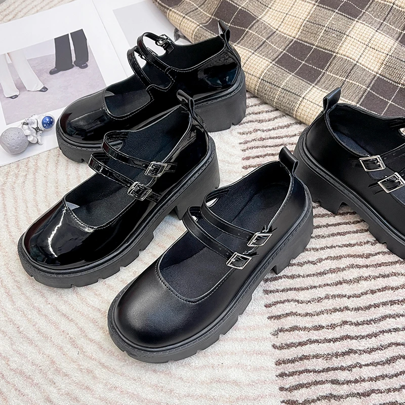 

2022 Spring Lolita Shoes Japanese Black Leather Colleges Student Shoes Pearl Strap Mary Jane Platform Oxford Shoes Women Loafers