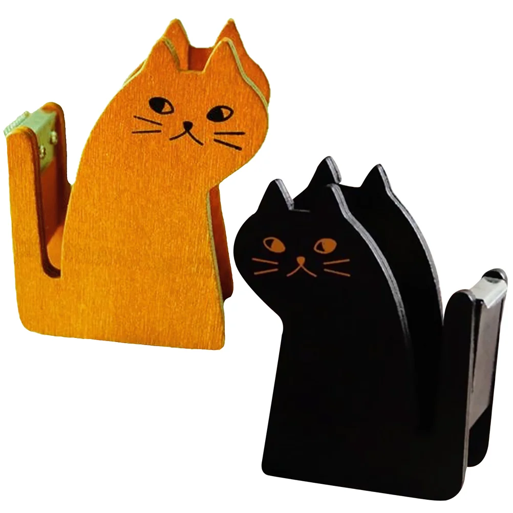 

2 Pcs Cat Tape Holder Tabletop Convenient Wooden Base Adorable Dispenser Shaped Washi organizer
