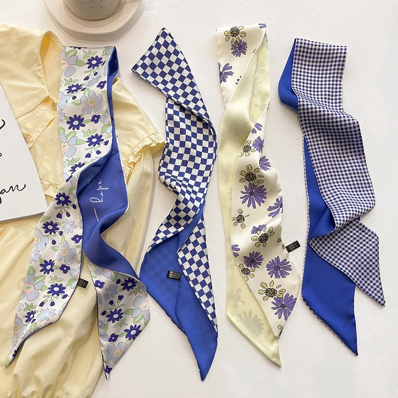 

2022 Spring Autumn Temperament Blue Skinny Scarf Women Satin Silk Neckerchiefs French Hair Band Decoration Ladies Shirt Scarves