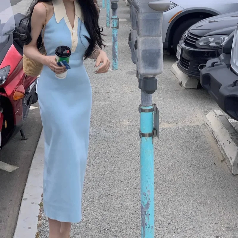 Yuejuxing платье с v-образным вырезом и вязаным воротником нишевое дизайнерское