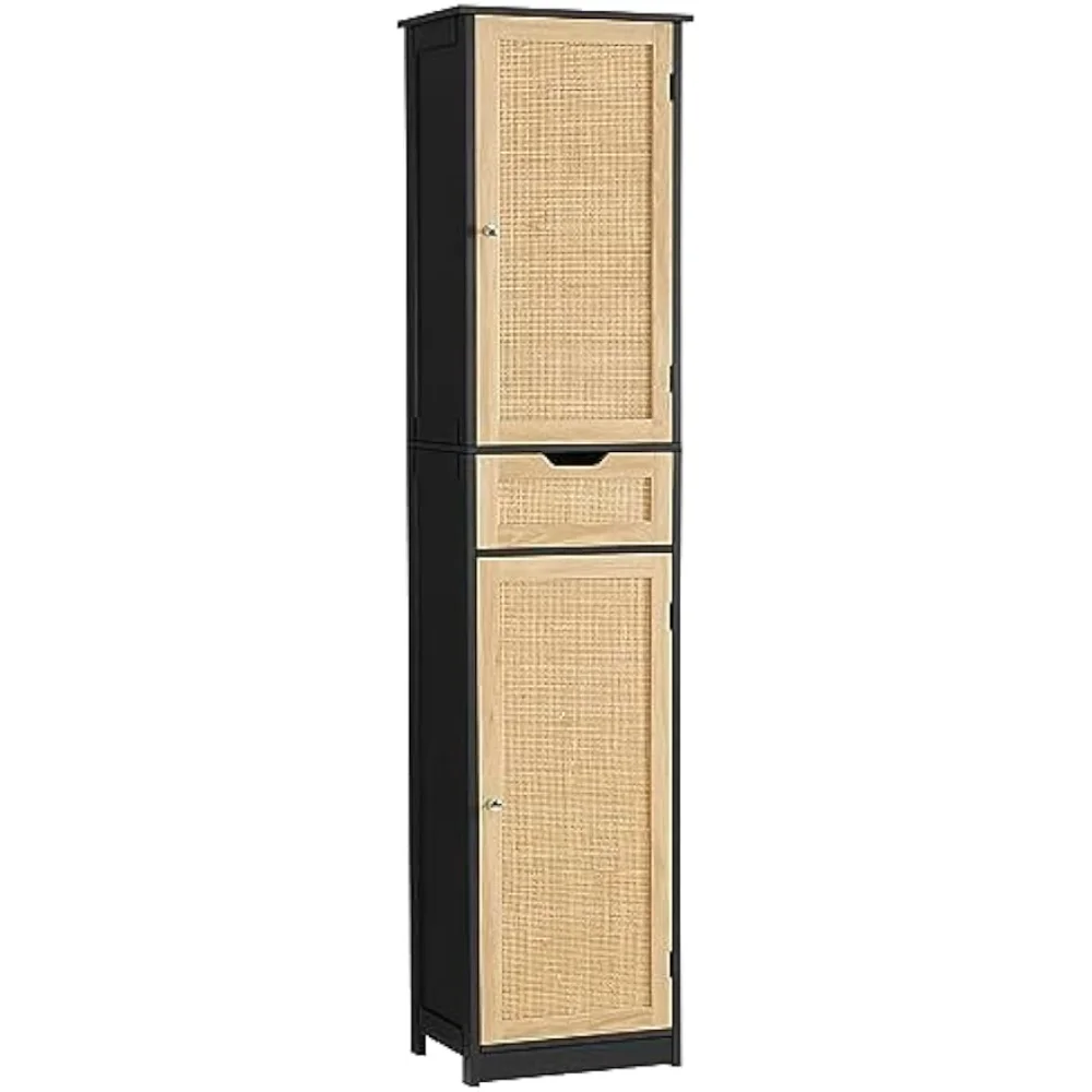 Iwell Tall Bathroom Cabinet with Doors, Rattan Storage Cabinet with Adjustable Shelves, Freestanding Narrow Linen Cabinet