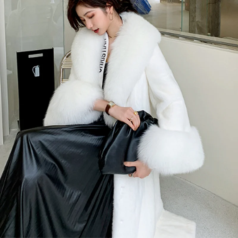 Winter Warm Fur Collar Female Mink Coat New Korean Style Temperament Fashion Slim Long Fur Trim Coat Women Furry 2021