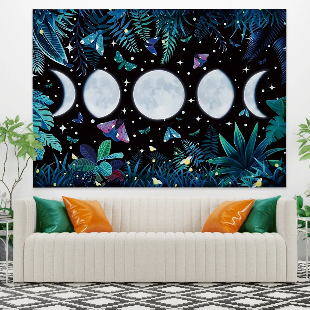 

Psychedelic Moon Phase Tapestry Black Galaxy Night Sky Wall Hanging Moon phase Throw Blanket Home Decor Wall Hanging tapestry