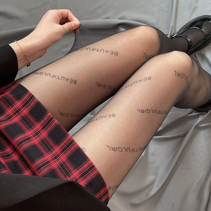 

2PCS/lot Women Gothic Thin Black Silky Pantyhose Harajuku Asymmetrical Abstract Line Bow Floral Letters Print Sheer Pantyhose