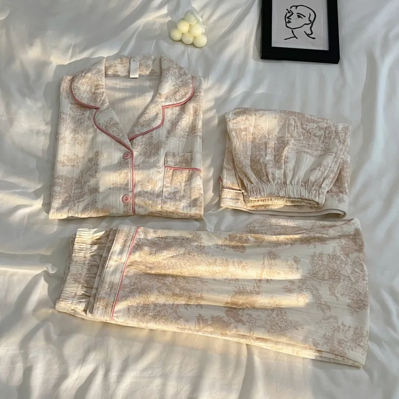 

Korean Ink Painting Pajamas Female Summer Pure Cotton Short Sleeve 2023 New Sweet Girl Home Wear Three-piece Set