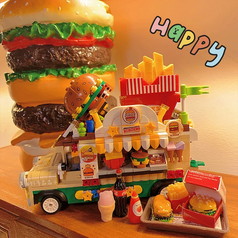 

Street View Girls Series Moving Ice Cream Cart Hamburg Car Building Blocks Set Dessert Cake Fruit Shop Bricks Toy For Kids Gifts