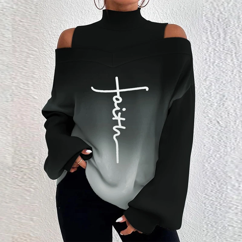 

Блузка женская с длинным рукавом, Модный деловой топ с градиентным переходом, пикантный пуловер с высоким воротником и надписью, весна