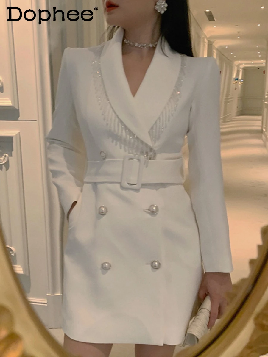 Fall 2023 New Heavy Industry Tassel High-Grade Elegant White Slim Fit Suit Coat Business Commuter Mid-Length Blazer Dress Women