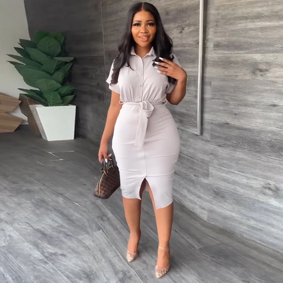

Spring Summer Fashion Shirt Dress Women's Solid Short Sleeve Belt Pencil Dress Elegant Commuter Fitted Dress Women
