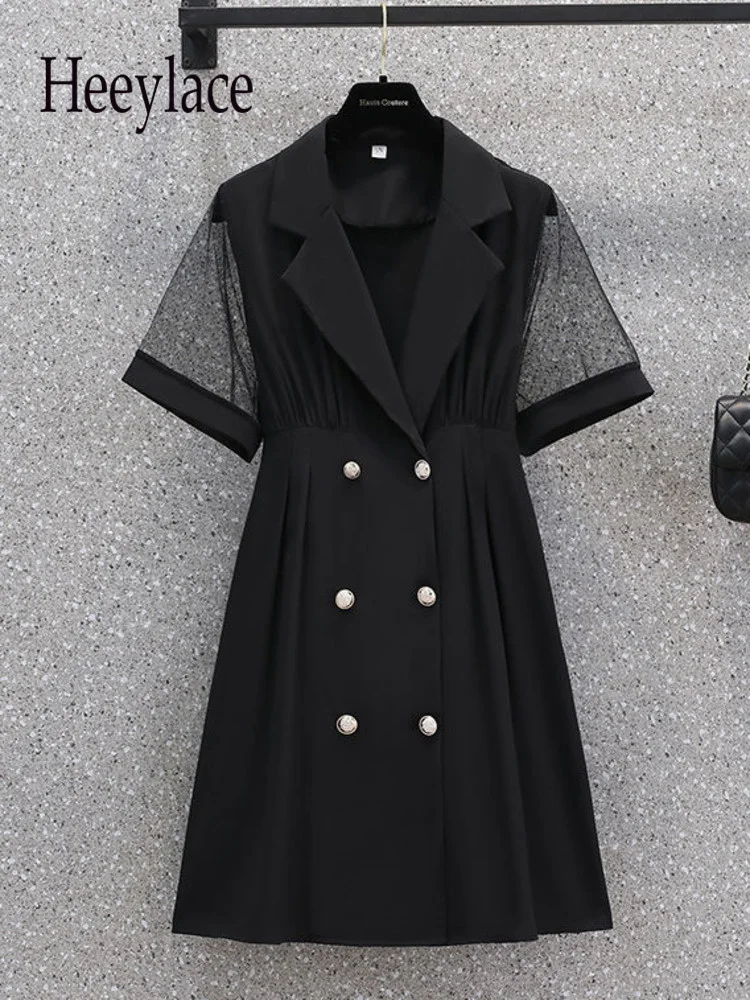 

Женское Сетчатое платье-блейзер с коротким рукавом, черное двубортное ТРАПЕЦИЕВИДНОЕ ПЛАТЬЕ составного кроя с высокой талией, лето 2022