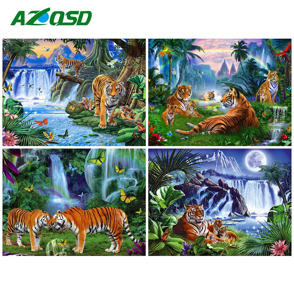 

AZQSD Diamond Embroidery Tiger New Arrival Diamond Painting Animal Rhinestone Picture Mosaic Waterfall Mountain Wall Decor