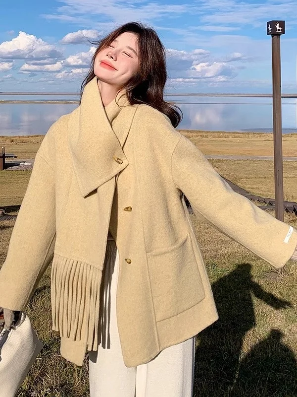 Молочно-желтый шарф с воротником двустороннее шерстяное пальто из ангоры