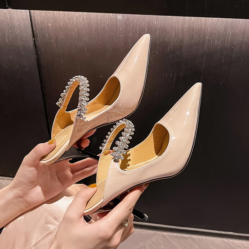 

2022 new Women's Slippers natural leather 22-25cm cowhide upper full leather Sexy pointed toe Rhinestones mules woman slippers