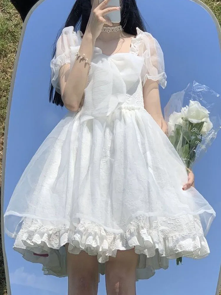 

Платье принцессы женское с бантом и пышными рукавами, милое Белое Бальное мини-платье в японском стиле Лолита, корейская мода, на лето
