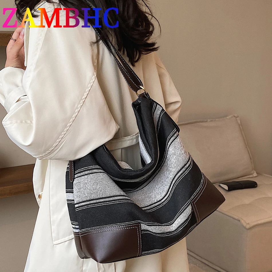 

Fashion Designer Striped Women's Handbag Casual Large Capacity Canvas Shoulder Crossbody Bags for Women Female Travel Hobos Tote