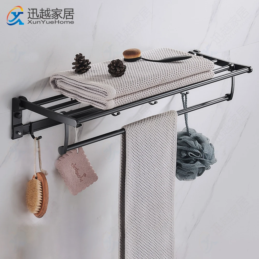 

Алюминиевая вешалка для полотенец с подвижным крючком, аксессуары, Складной настенный органайзер, вешалка, матовая черная полка для хранения