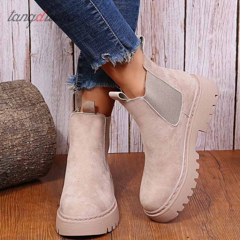 

New Women Chelsea Boots Suede Autumn Women's Ankle Boots Ladies Fashion Shoes Non-Slip Platform Boots Big Size 35 42 Booties