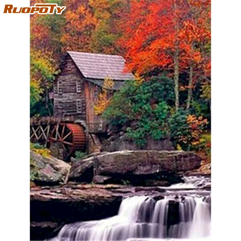 

RUOPOTY Frame Acrylic Painting By Numbers Waterfall Landscape Handpainted On Canvas Coloring By Numbers For Diy Gift 60x75cm