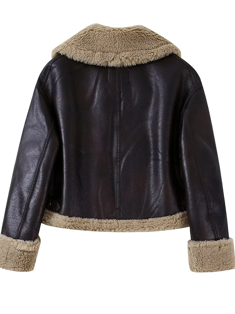 2022 Women's Pu Coat Winter Thick Warm Coat Faux Leather Vintage Jacket Cropper Ladies Streetwear Outwear Pockets Outwear Tops