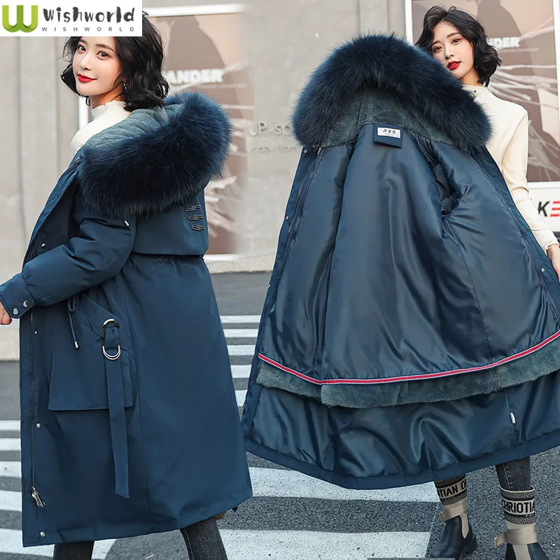 2022 New Winter Jacket Women's Parkas Thick Warm Fur Lining Long Parka Female Hooded Fleece Padded Women's Coat M-3XL