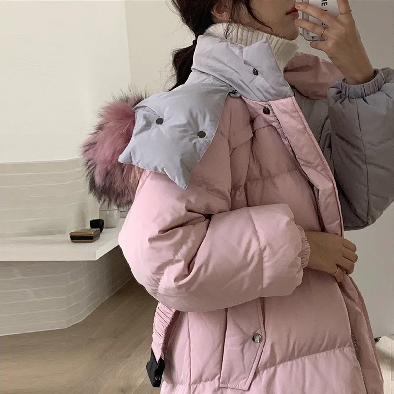 Down Jacket Colorful Women's Winter New Big Fur Collar Design Sense with Belt Slim In The Long Section White Duck Down Jacket