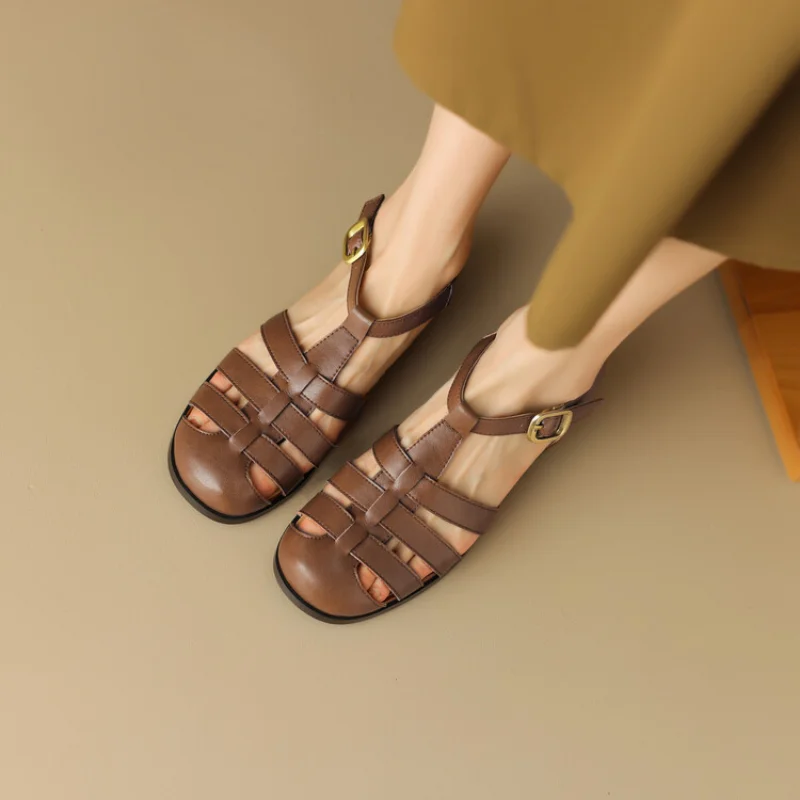 French 2023 Summer New Retro Round Head Flat Leather Braided Baotou Soft Bottom Fashion Roman Sandals Female Tide 32-48 HG160-9