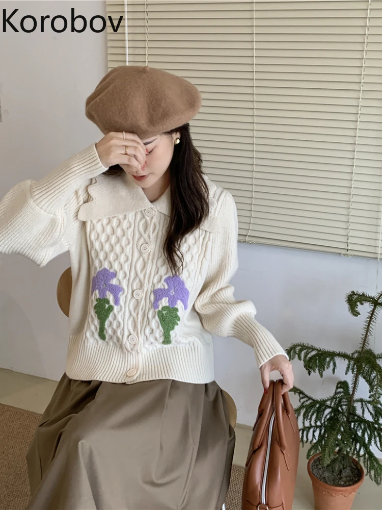 

Korobov Temperament Sweet French Knitted Tops Embroidery Lapel Long Sleeves Sweater Women Coat Korean Fashion Cardigan Mujer