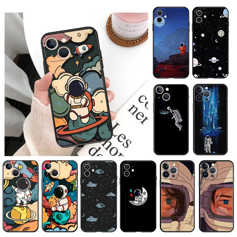 

Black Silicone Cute Astronaut Phone Case for iphone 14Pro 13 11 12 Pro XS Max Mini XR SE 8 7 14 Plus X Soft Moon Universe Cover