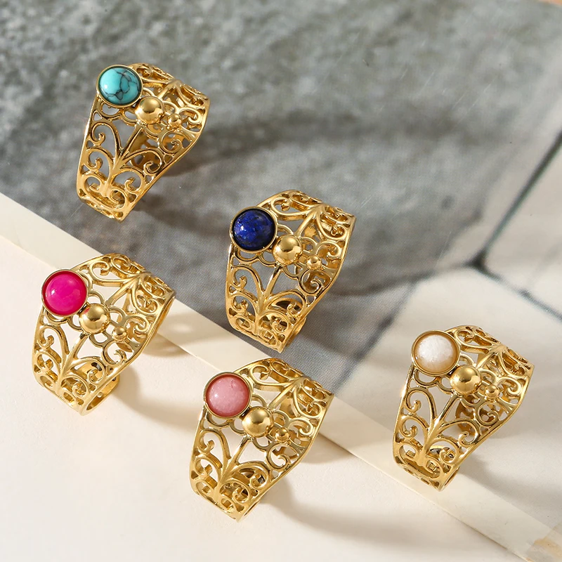 Женское кольцо из нержавеющей стали регулируемое с натуральным камнем