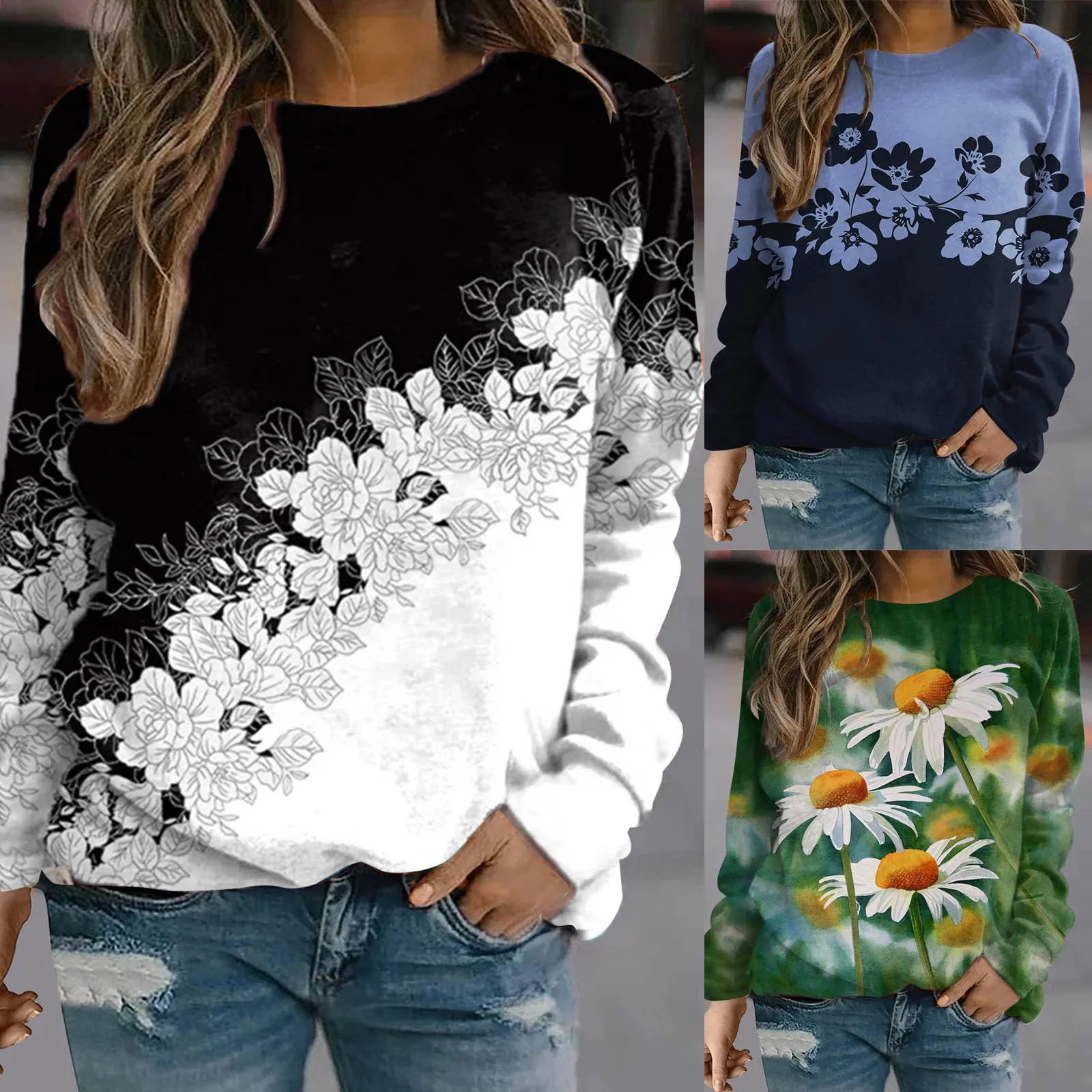 

Women Casual Color Print Pullover Tops Round Neck Casual T Shirt Loose Long Sleeve Sweatshirt Lace Top Stripped Shirts Women