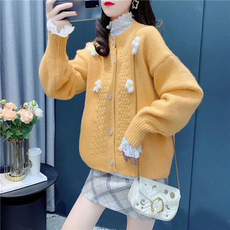 

2022 New Cardigan Women Solid Knitted Korean Style Casual Sweaters Long-Sleeved Button Loose O-Neck Fashion Soft Tops D43