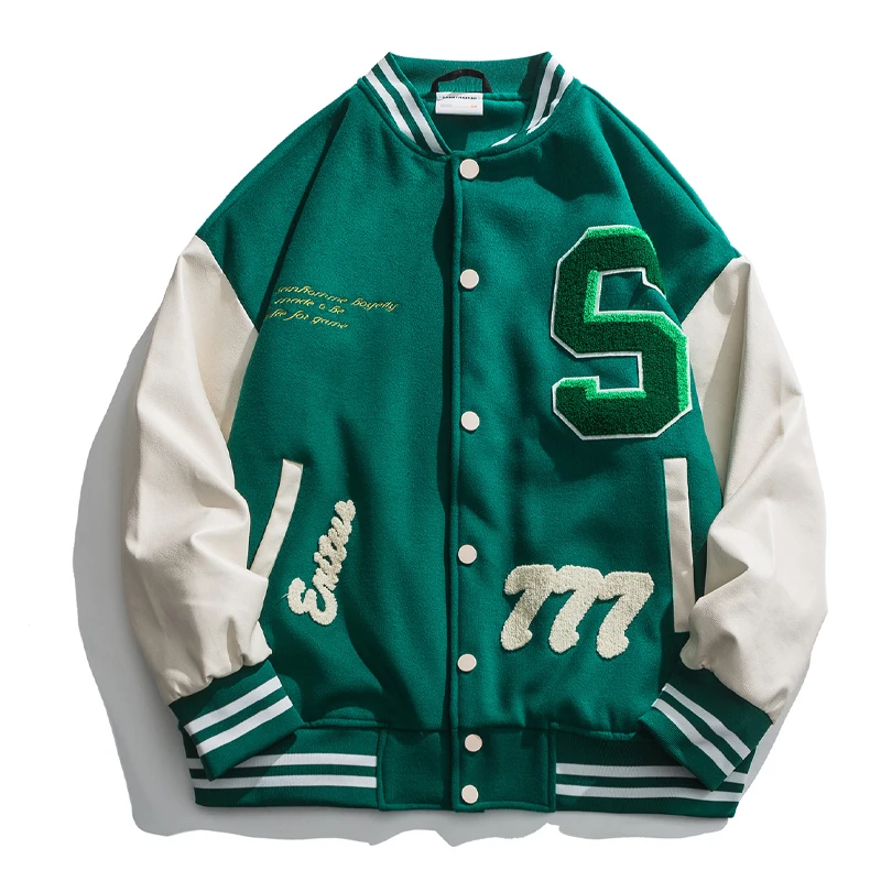 

High Street Baseball Jacket Men PU Leather Splice Towel Embroidery Varsity Jackets Vintage Loose Causal Coat Couple Green Jacket