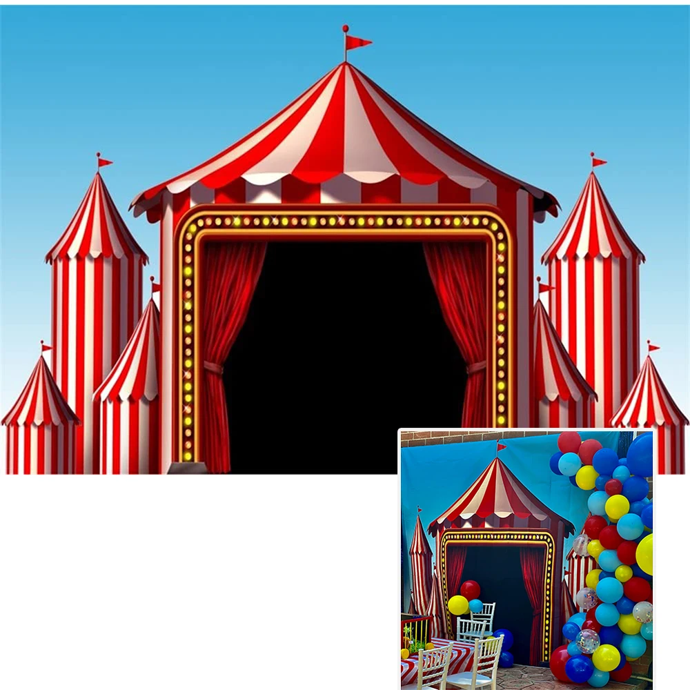 

Customized Circus Theme Amazing Birthday Party Backdrop Red Tent Photography Background for Baby Shower Kids Banner Photo Booth