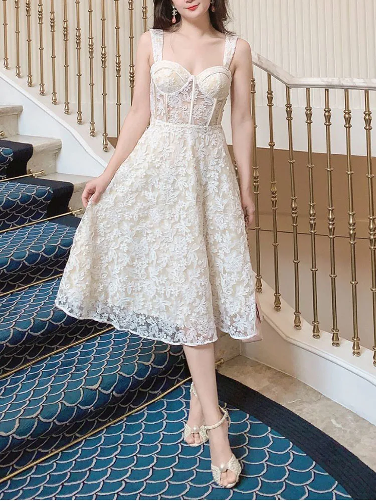 

Новинка 2023, винтажное платье с вышивкой в виде рыбьей кости, элегантное кружевное вечернее платье на бретельках, платье для дня рождения, до колена, с вырезом сердечком