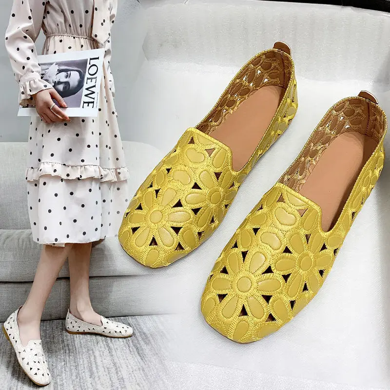 Breathable Flat Shoes Women Summer 2023 New Arrival Flat Shoes Natural Leather Woman Leather Moccasins Mom Shoes Women Sneaker